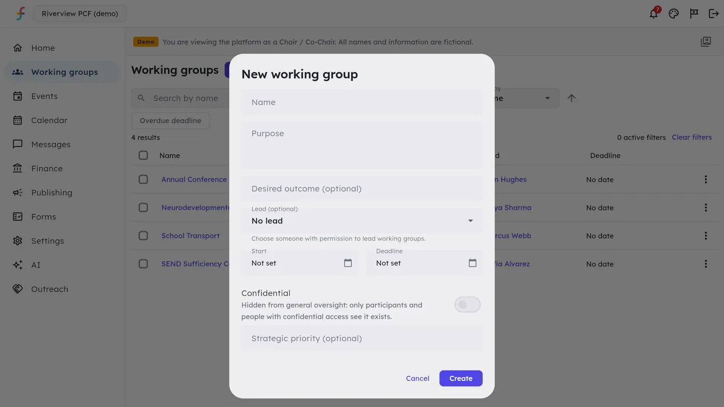 The New working group dialog has fields for a name, a purpose, a desired outcome and a lead, a start date and a deadline side by side, a switch marked Confidential, a strategic priority field, and Cancel and Create buttons.