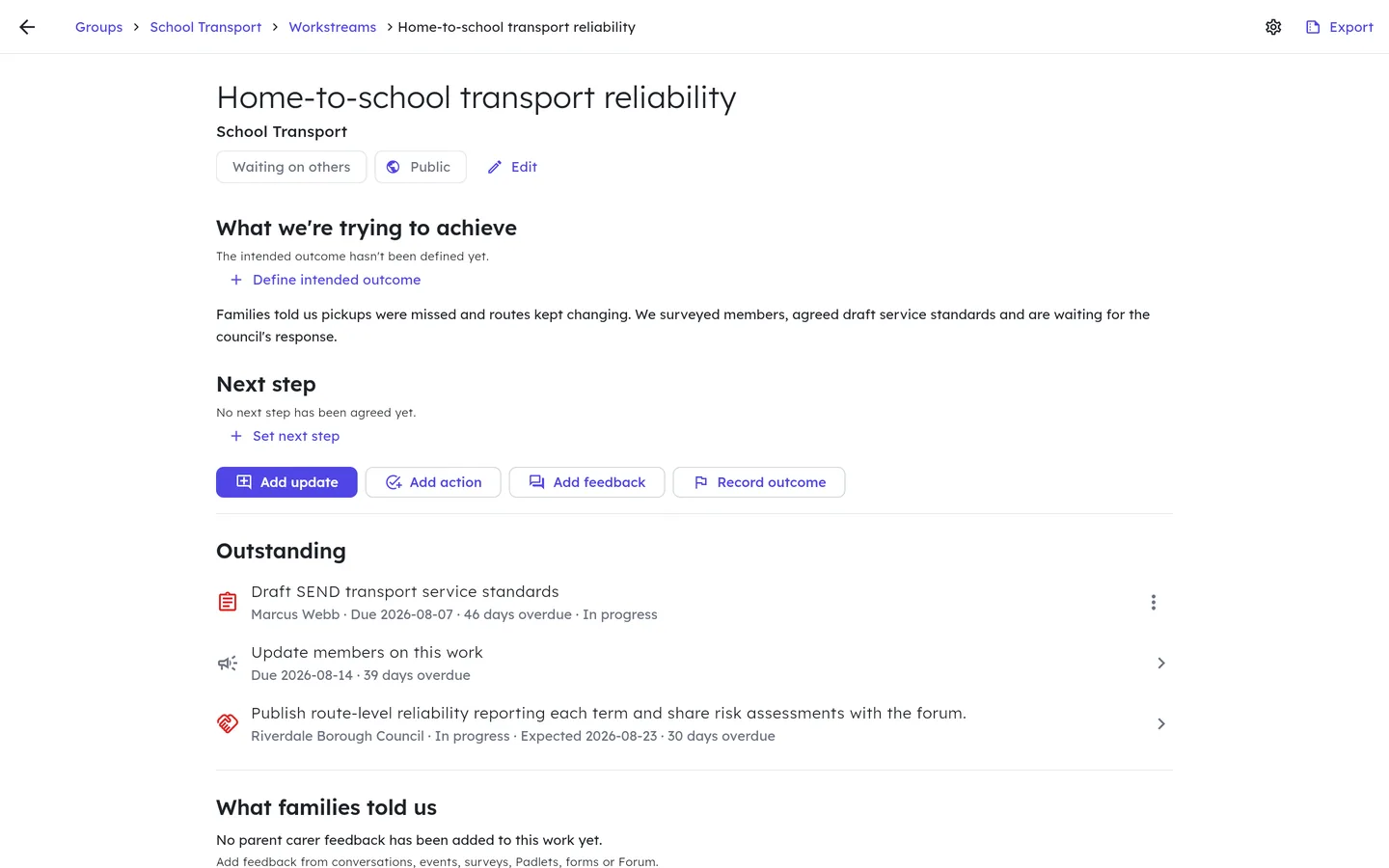 The Home-to-school transport reliability workstream shows its group, a Waiting on others status and a Public marker, then headings for What we're trying to achieve and Next step, buttons marked Add update, Add action, Add feedback and Record outcome, and an Outstanding list holding an overdue action, a member update date and a partner commitment. A settings icon and an Export button sit at the top right.
